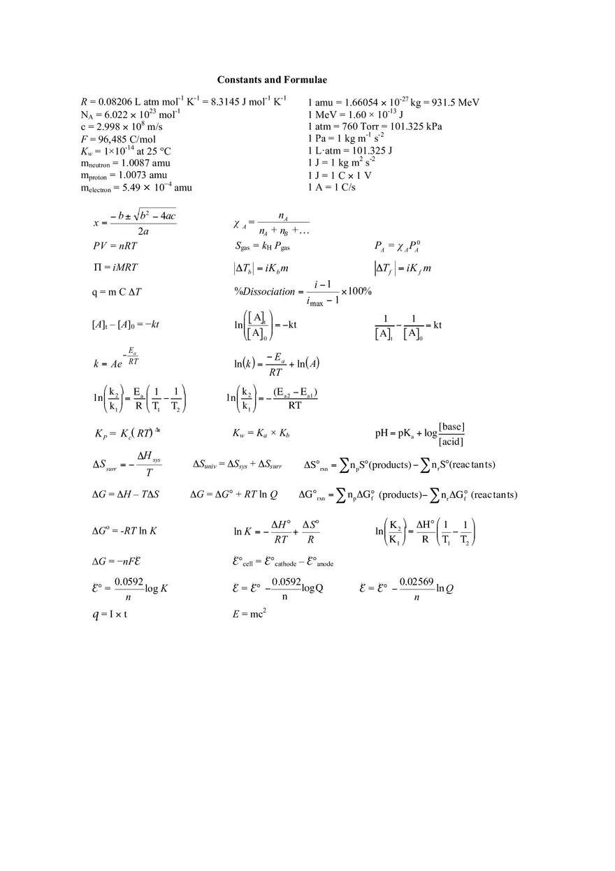 Constants and Formulae Sheet - Page 1