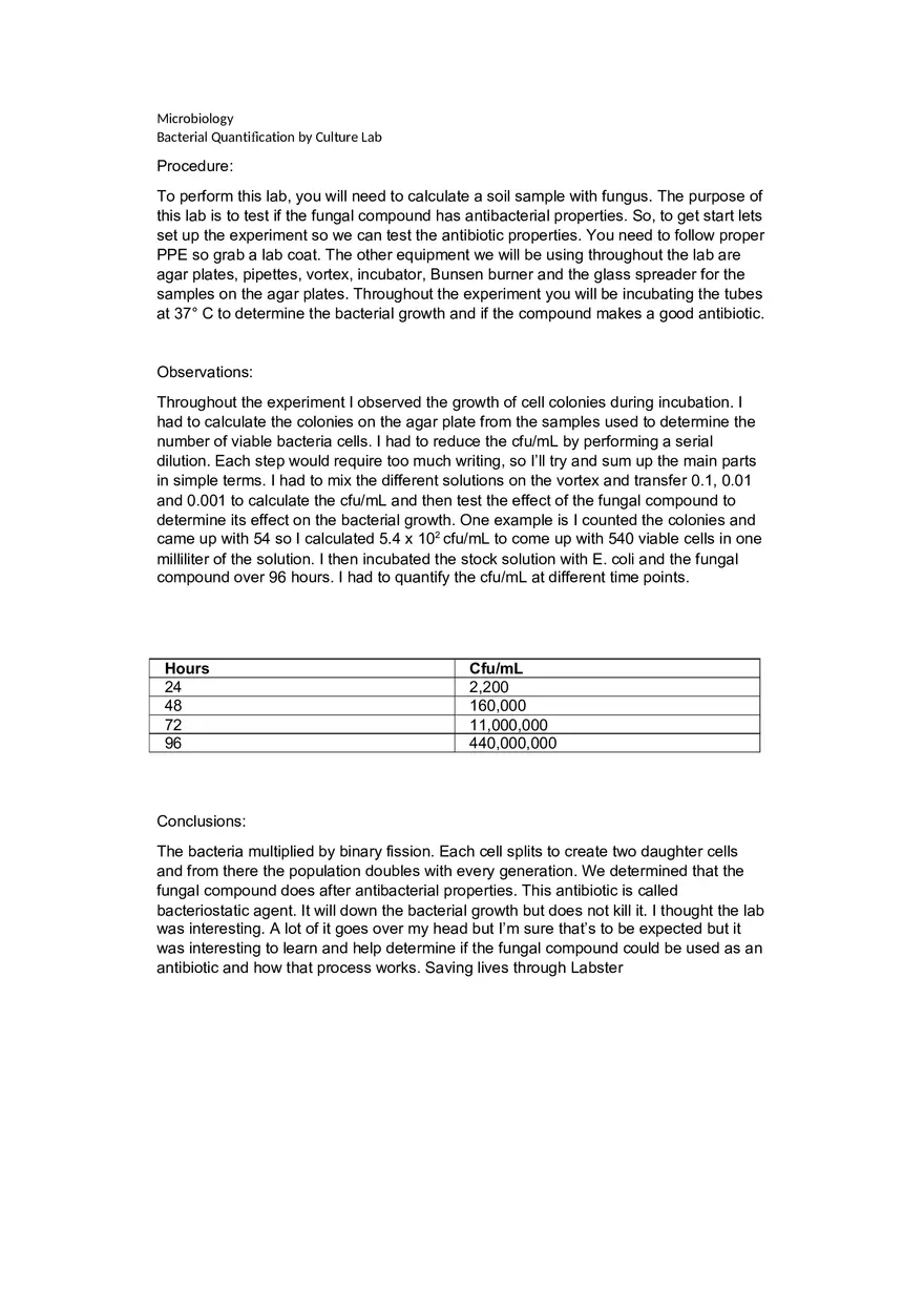 Bacterial Quantification by Culture Lab - Page 1