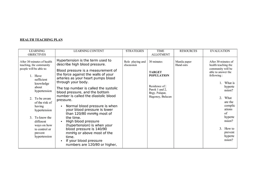 High Blood Pressure Teaching Plan and Methods - Page 1