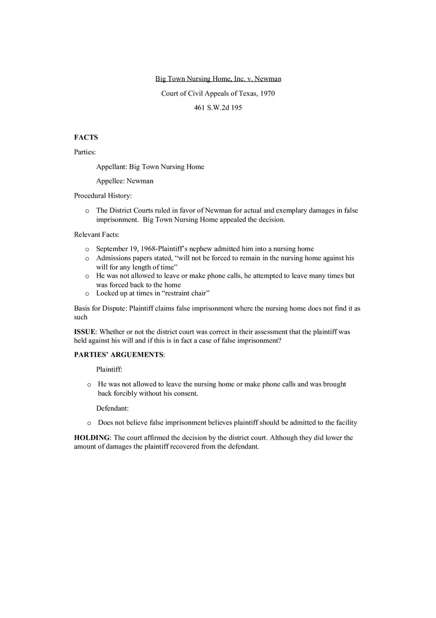 Big Town Nursing Home Case Brief (False Imprisonment) - Page 1