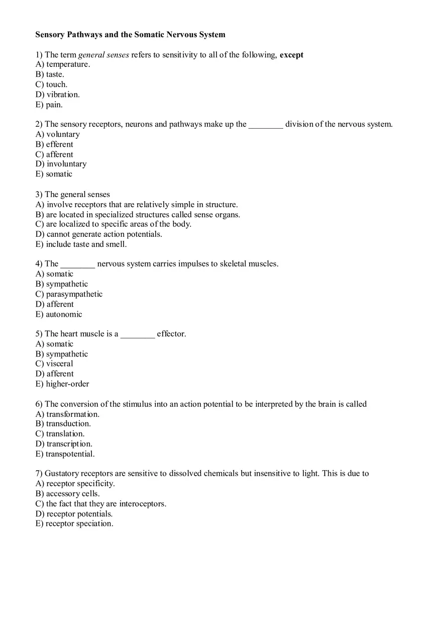 Sensory Pathway Exam Questions - Page 1