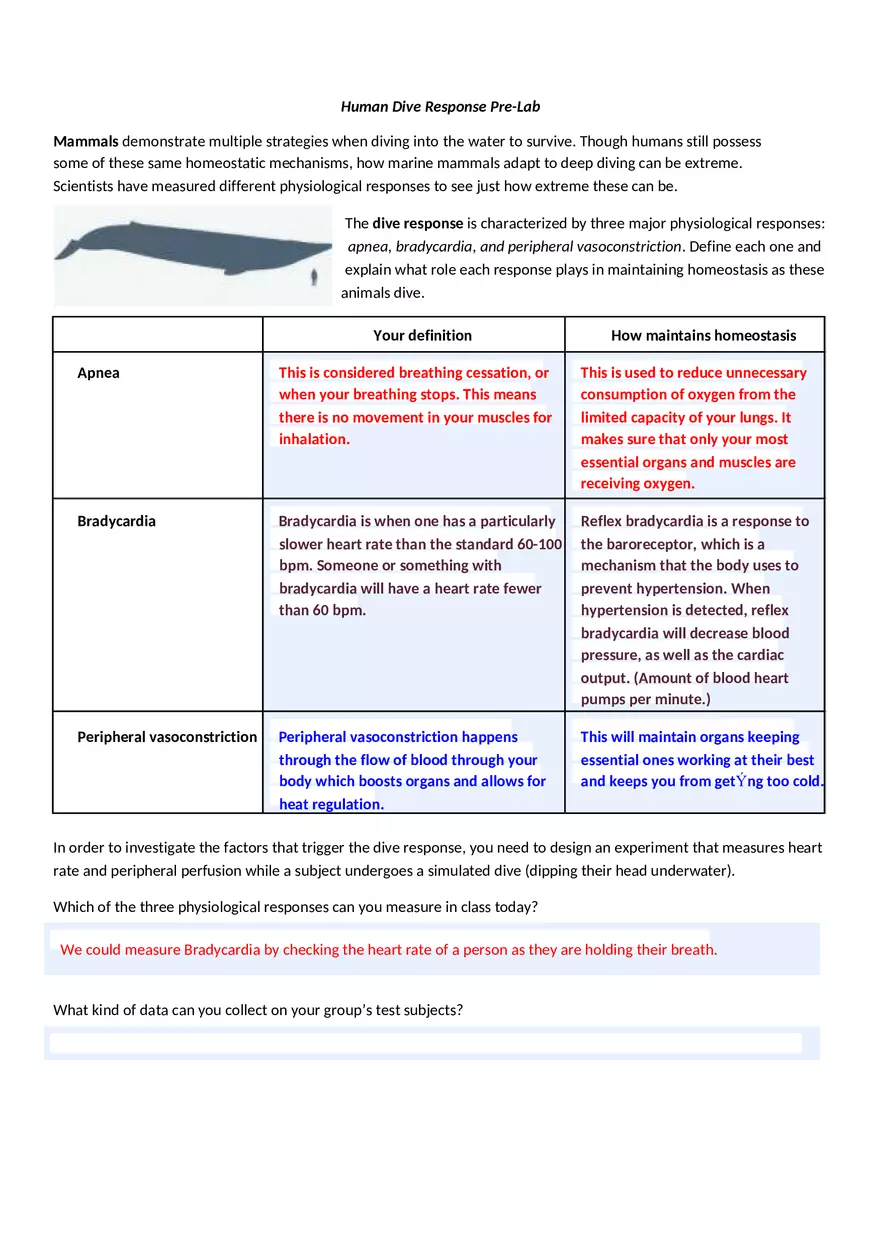 Homeostasis Human Dive Response Pre-Lab - Page 1