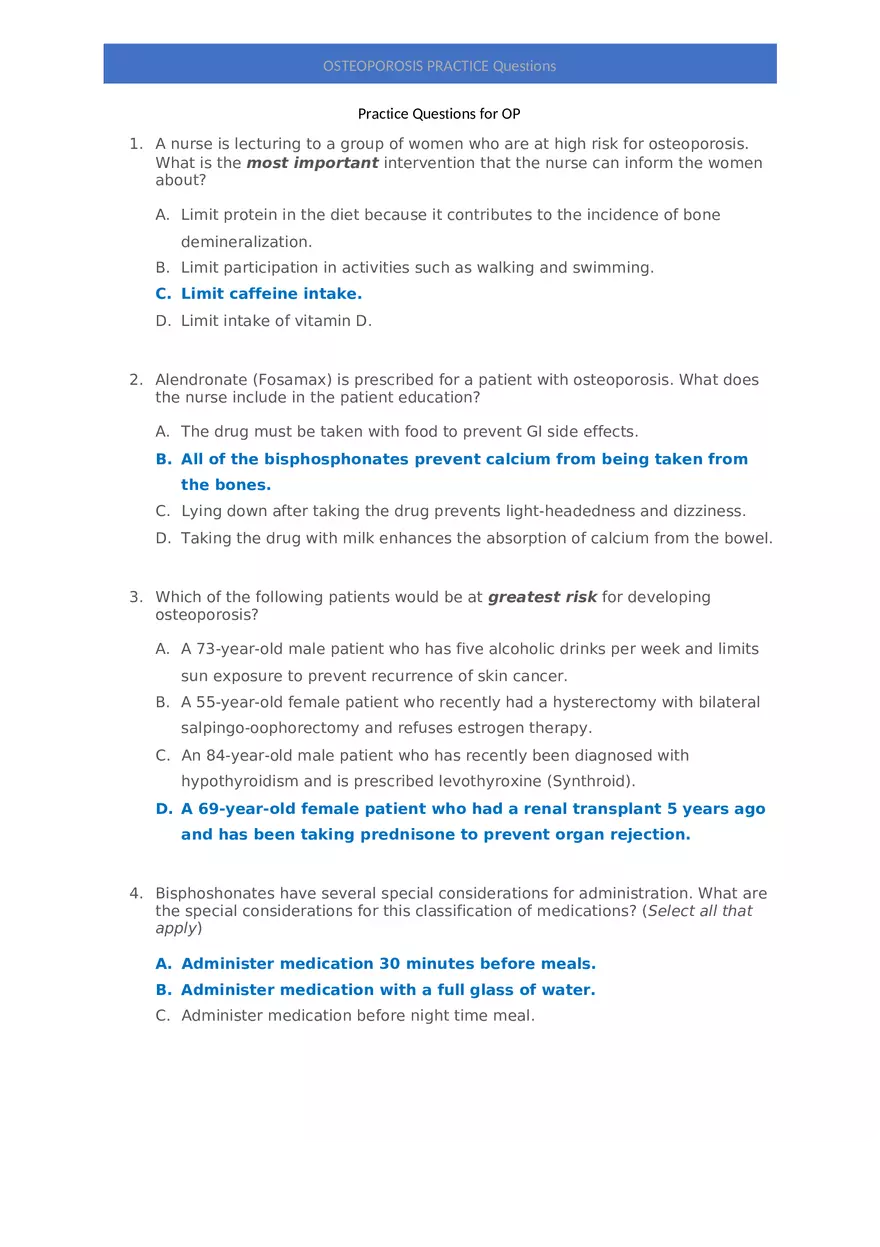 Practice Questions for Osteoporosis - Page 1