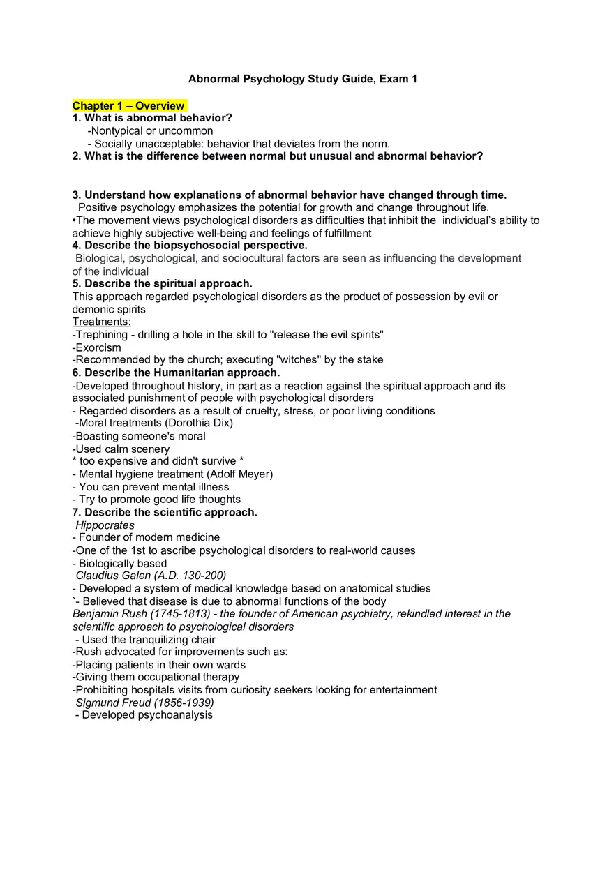 Abnormal Psychology Study Guide Exam 1 Overview 1 - Page 1