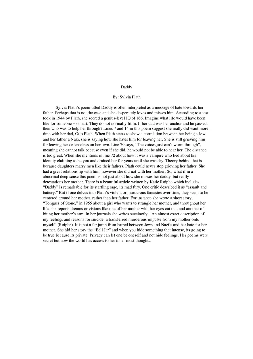 Analysis Sylvia Plath's 'Daddy' - Page 1