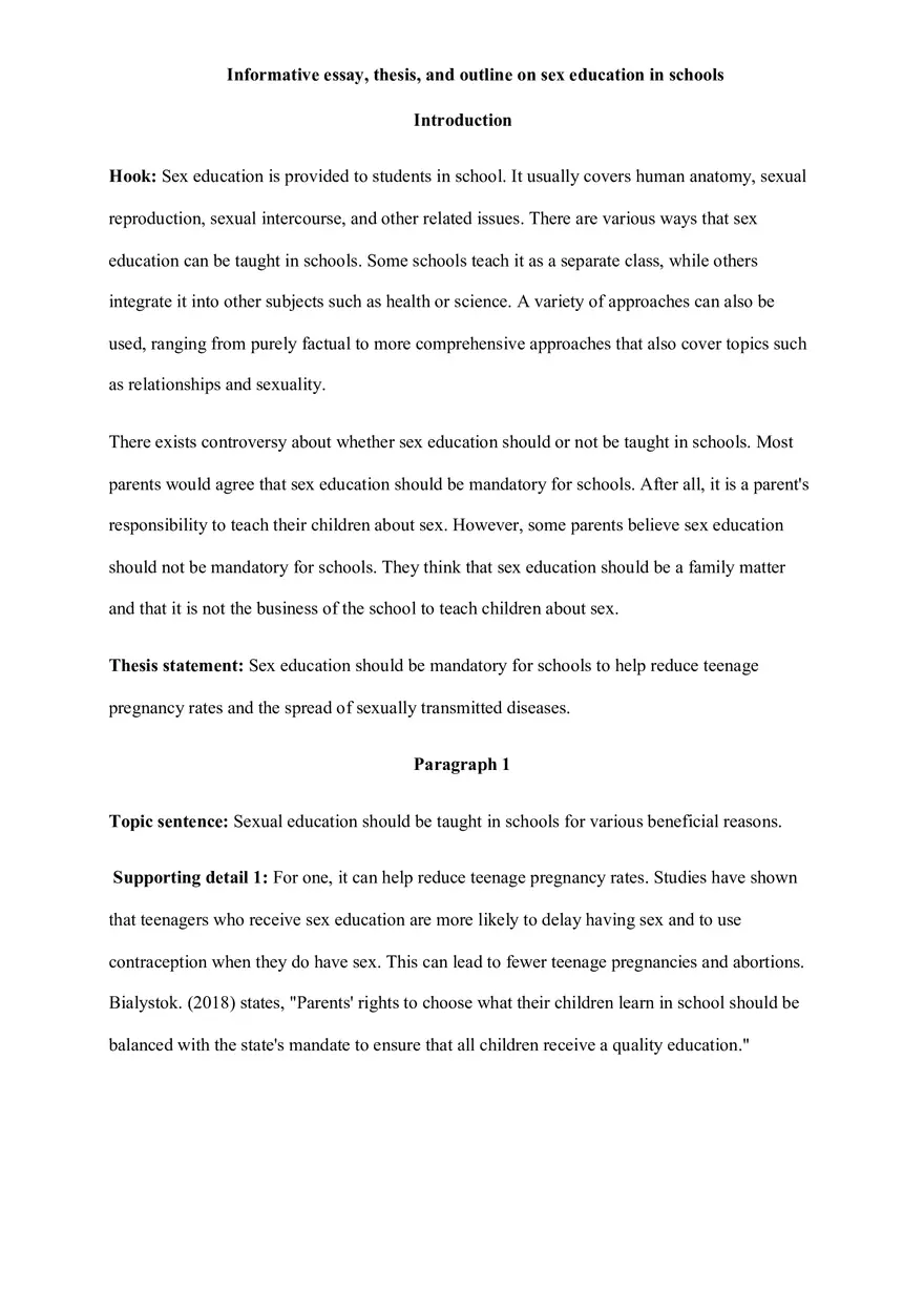 Informative Essay, Thesis, and Outline On Sex Education In Schools - Page 1