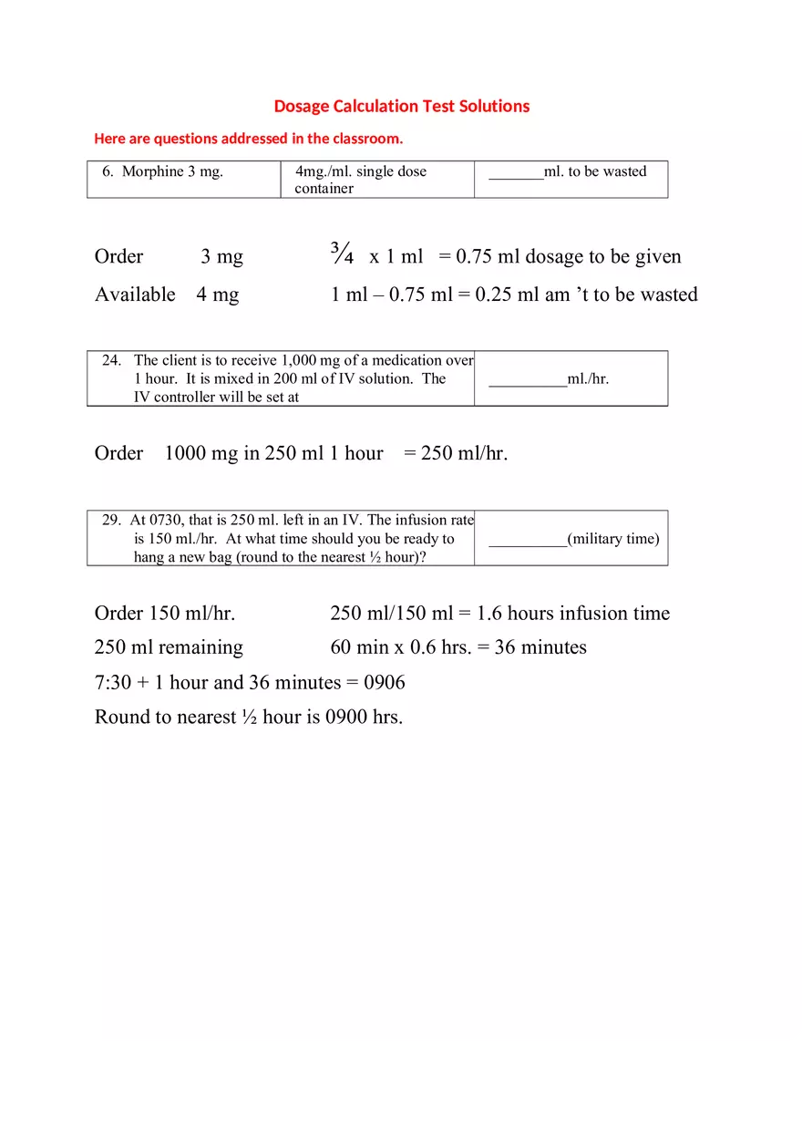 Dosage Calculation Practice Test Solutions - Page 1
