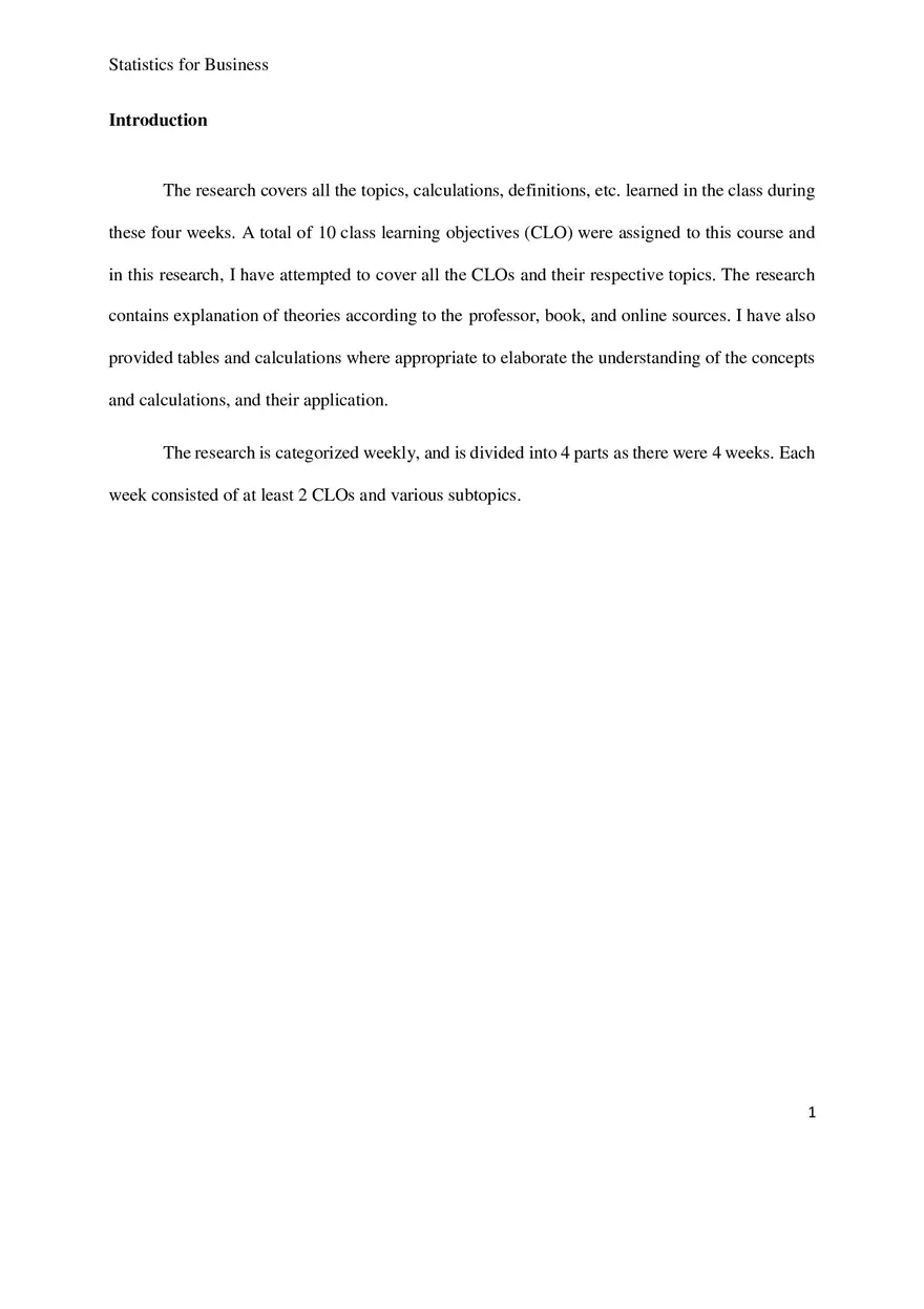 Statistics for Business Research Paper - Page 1