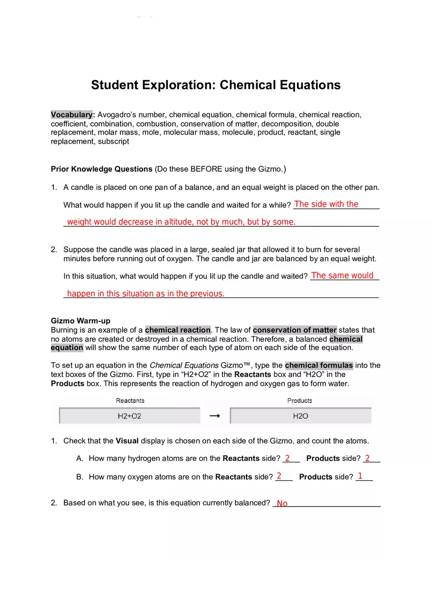 Avogadro’s Number, Chemical Equation - Page 1