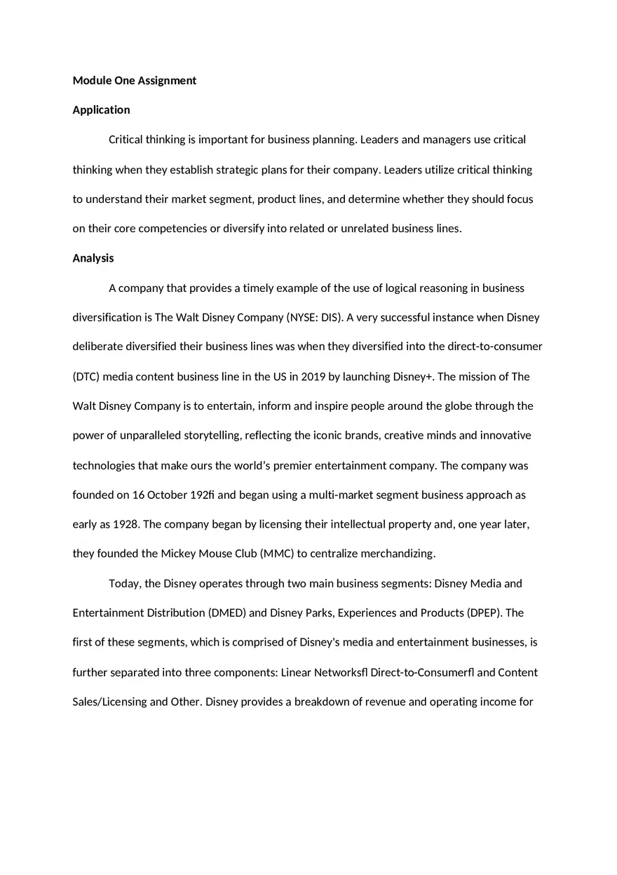 Strategic Business Diversification and Critical Thinking - The Case of Disney - Page 1