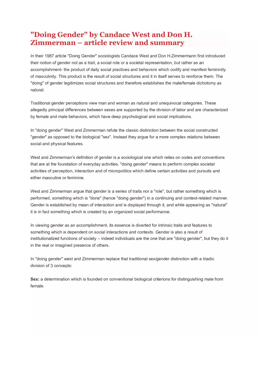 Doing Gender by West and Zimmerman Summary - Page 1