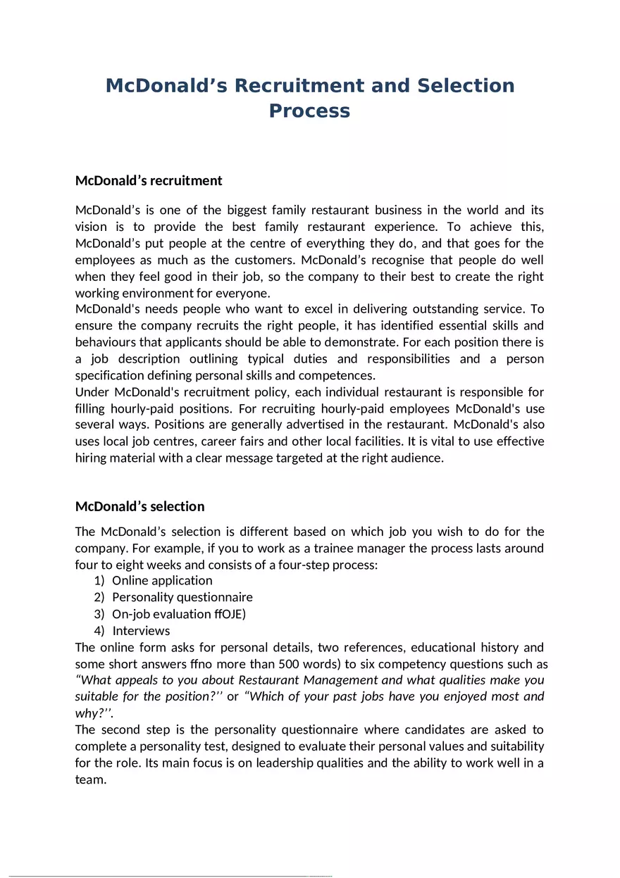 Mc Donald's Recruitment and Selection Process - Page 1