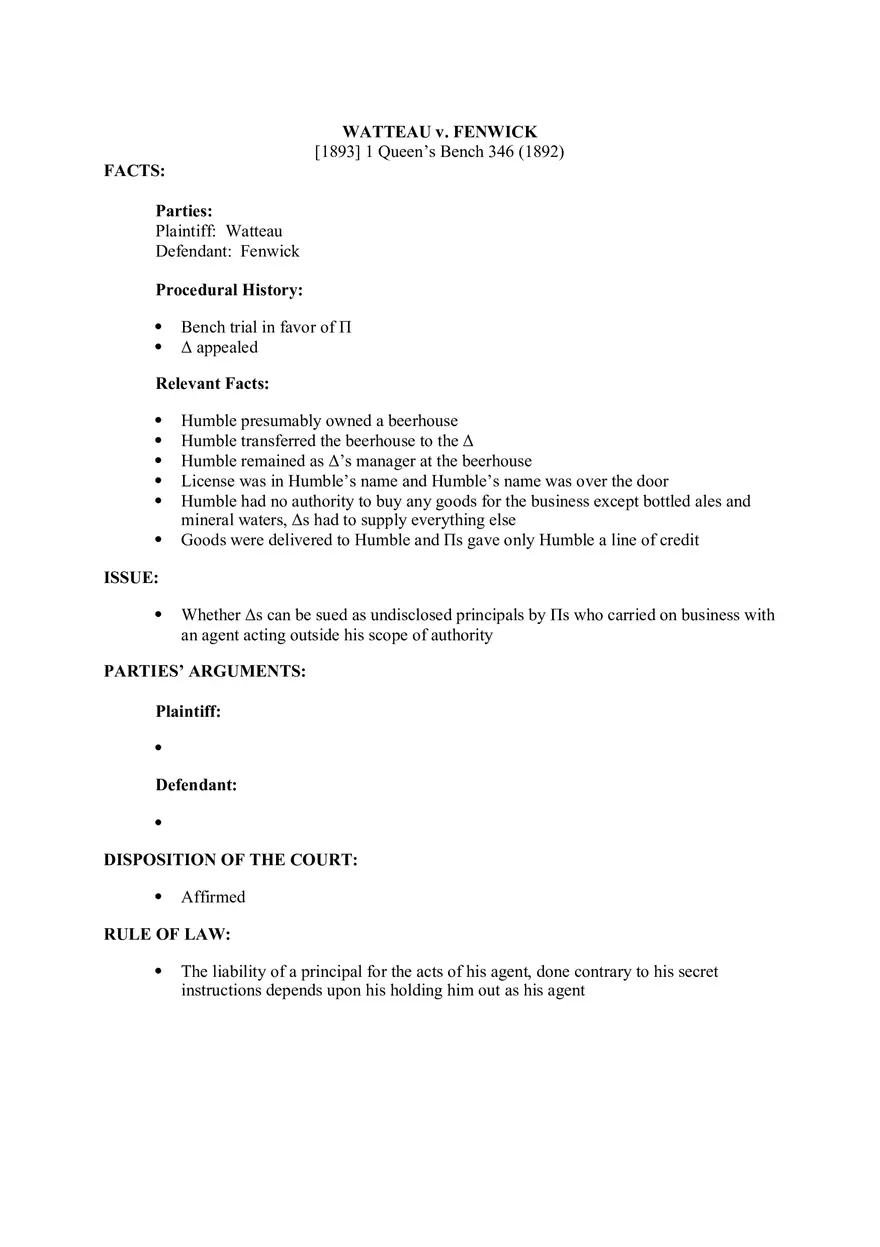 Watteau v. Fenwick - Lecture Notes 14 - Page 1