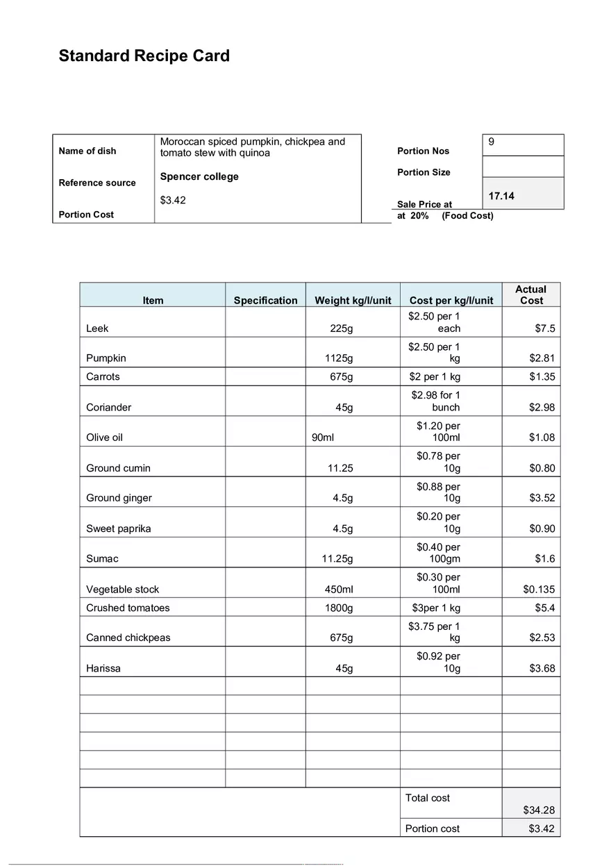 Standard Recipe Card - Comerrcical Cookery - Page 1
