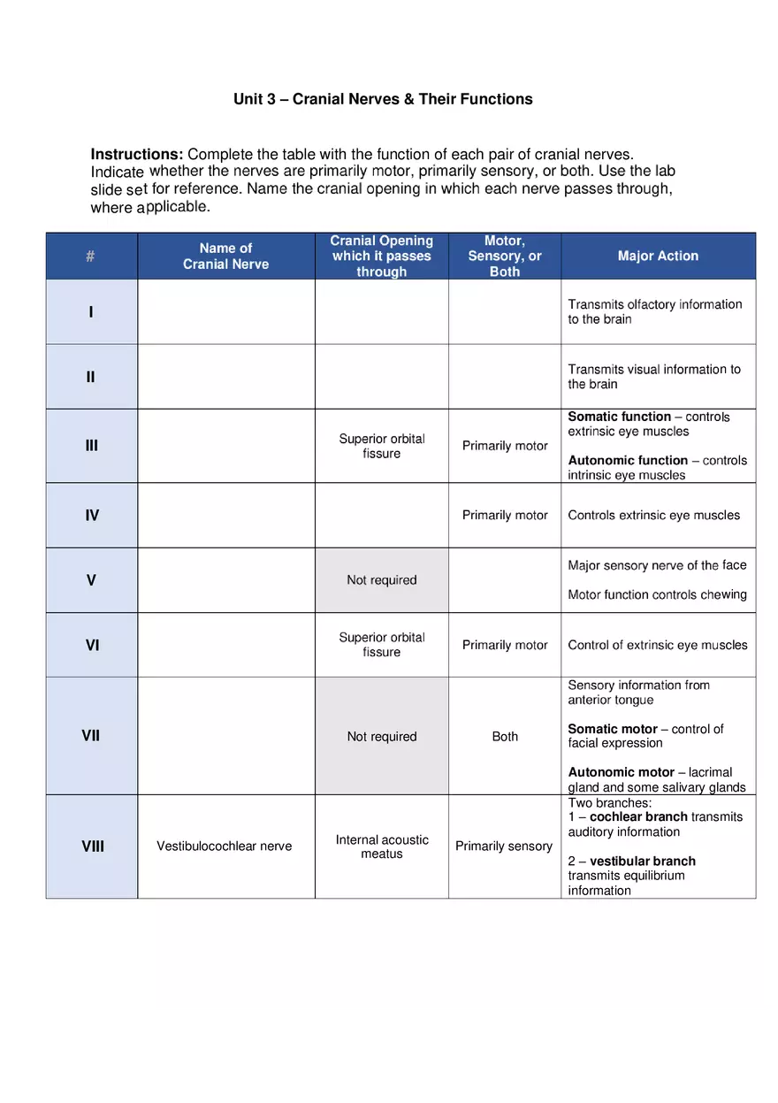 Unit 3 Cranial Nerves Worksheet - Page 1