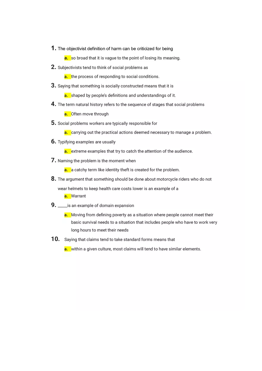 Chapters 1 and 2 Quiz Social Problems Study guide - Page 1