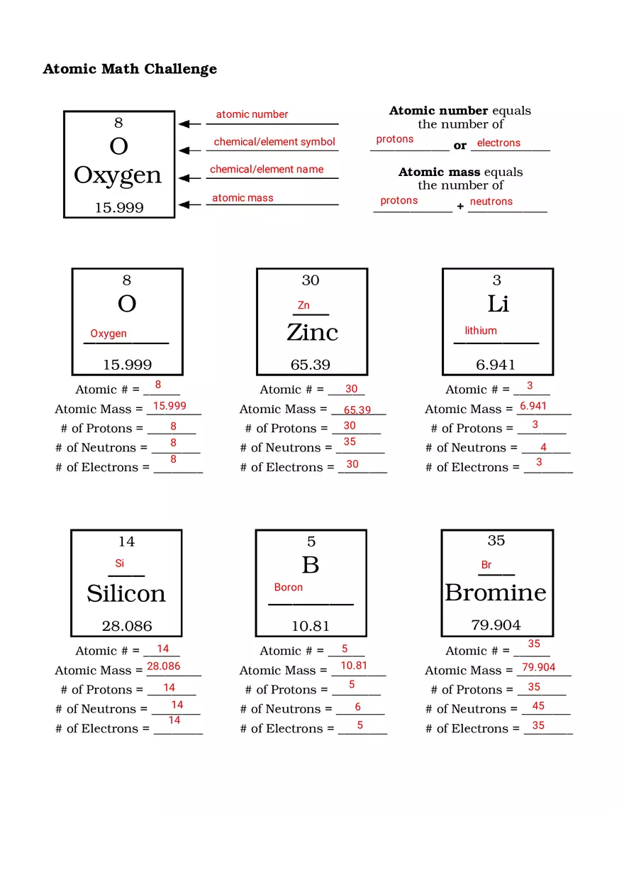 Atomic Math Challenge Answer Key - Page 1