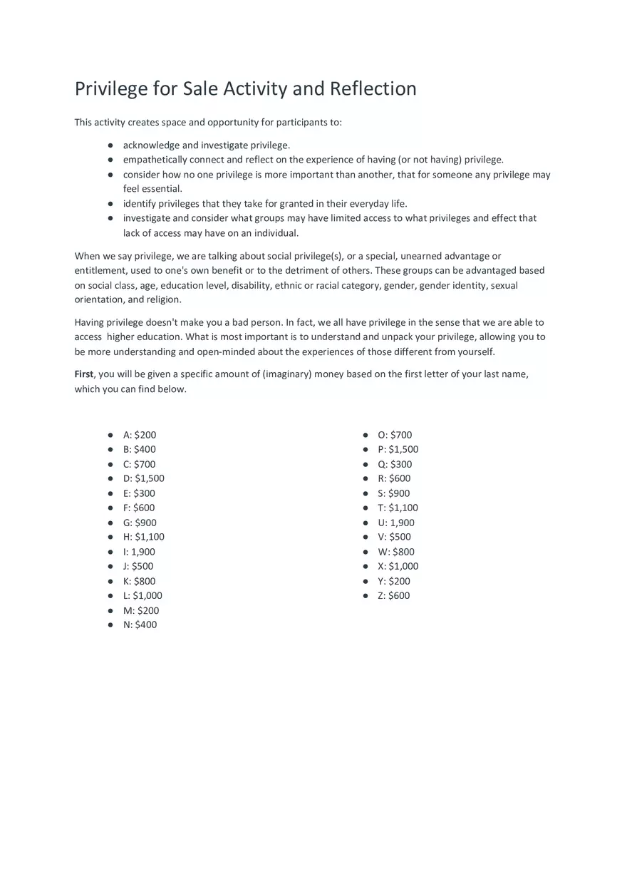 Privilege for Sale Activity and Reflection - Page 1