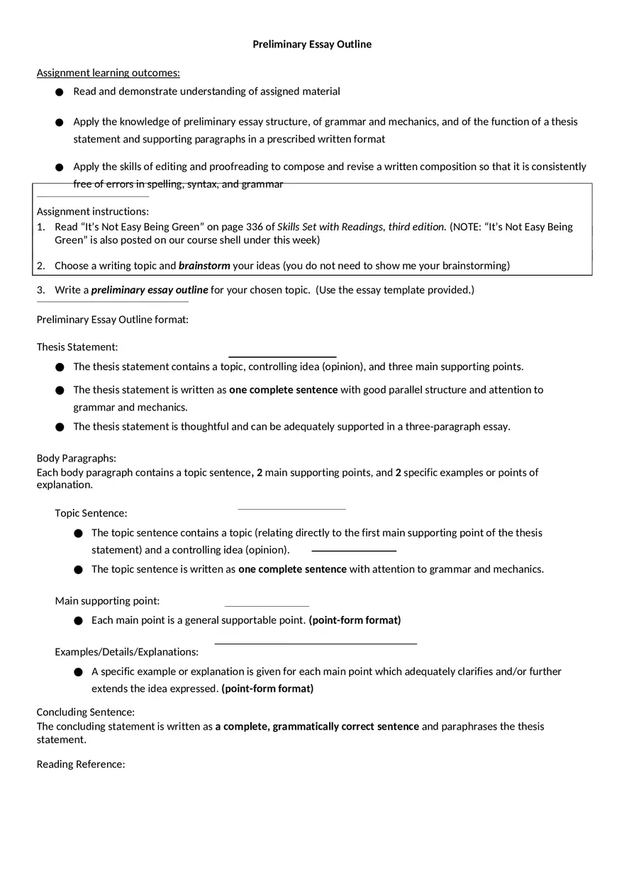 Preliminary Essay Outline Assignment - Page 1
