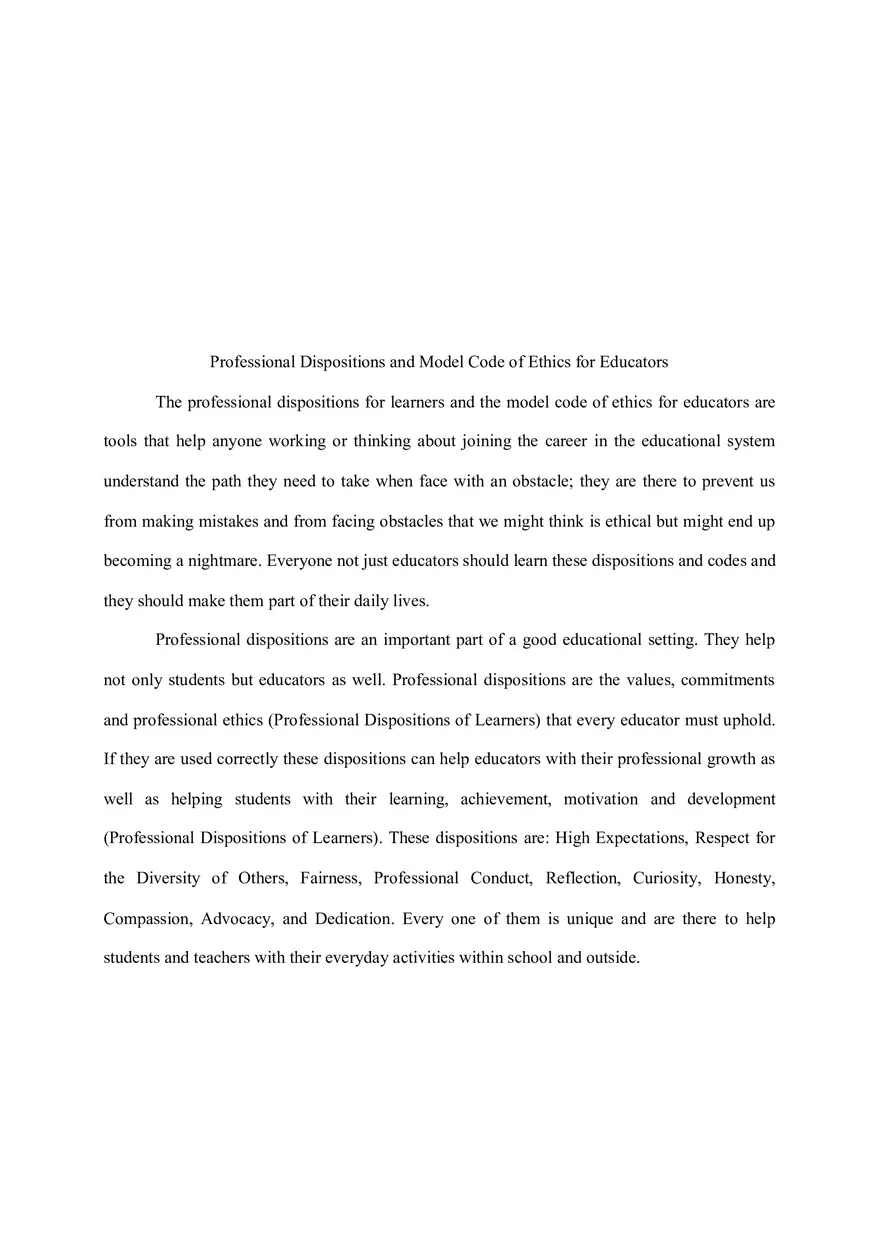 Professional Dispositions and Model Code of Ethics for Educators - Page 1