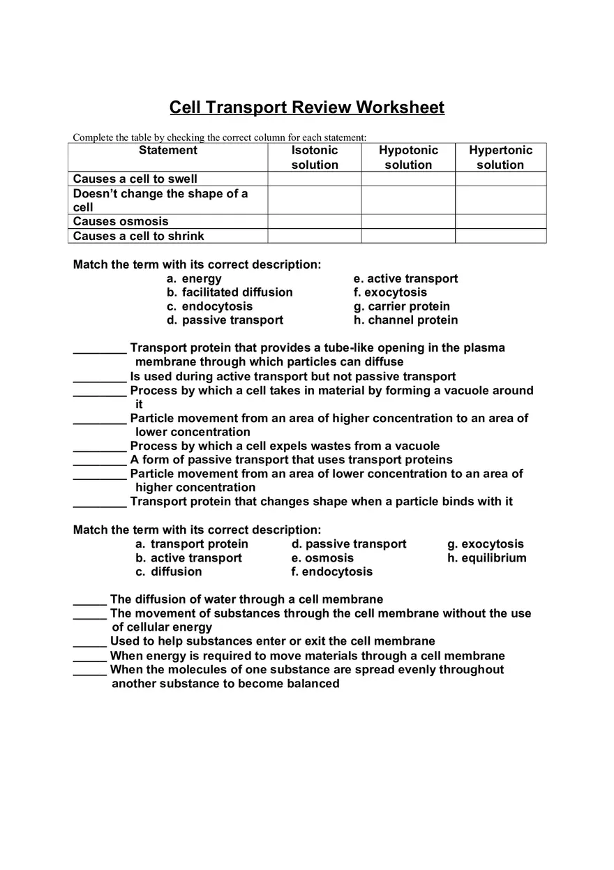 Cell Transport Review Worksheets - Page 1