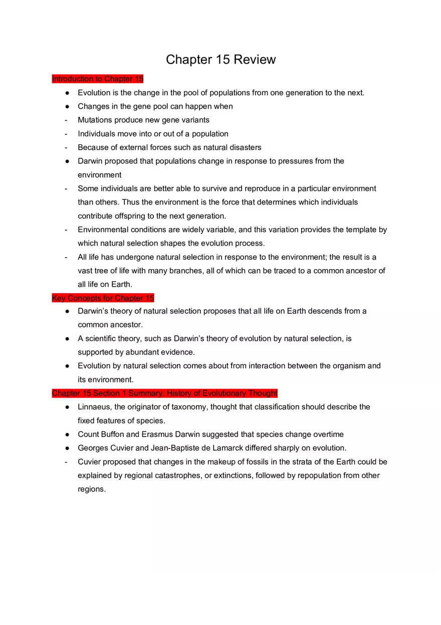 Chapter 15 Review - Introduction to Evolution - Page 1