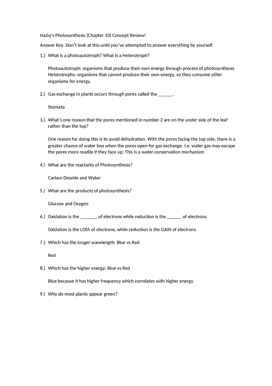 Haziq's Photosynthesis (Chapter 10) Concept Review - Page 1