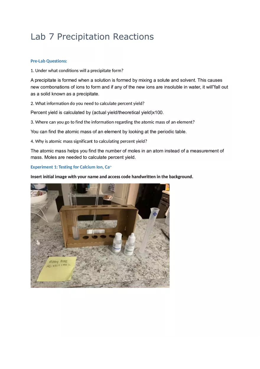 Lab 7 Precipitation Reactions - Page 1