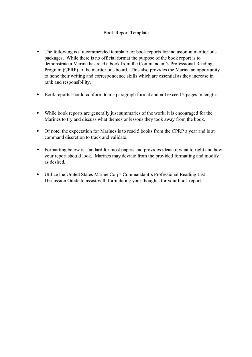 USMC Book Report Template - Page 1