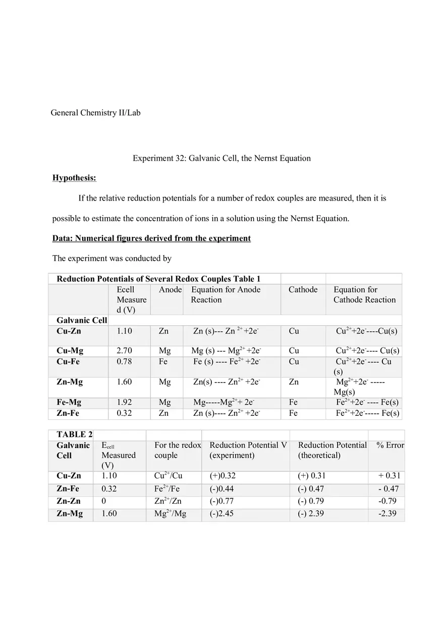 Galvanic Cell, the Nernst Equation Report - Page 1