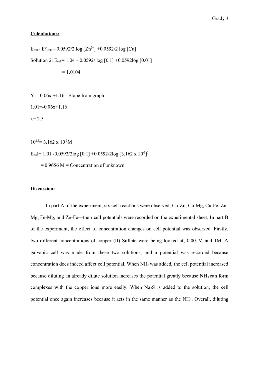 Galvanic Cell, the Nernst Equation Report - Page 3