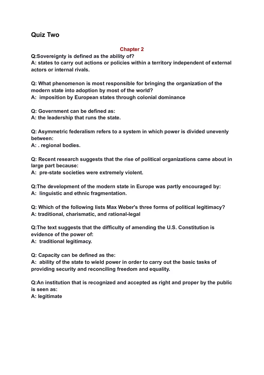 Comparative Politics Quiz Two Study Guide Notes - Page 1