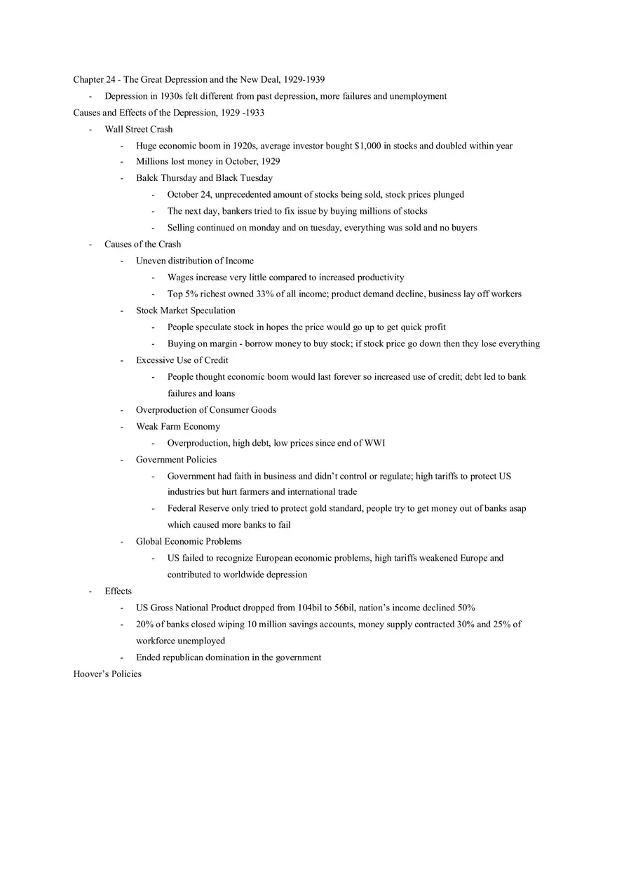 The Great Depression and the New Deal, 1929-1939 Chapter 24 Notes - Page 1