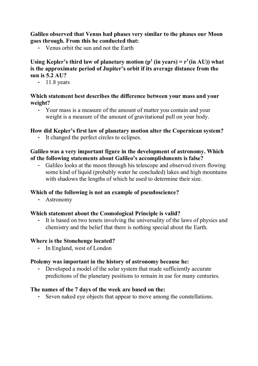Astronomy Quiz Galileo Notes - Page 1