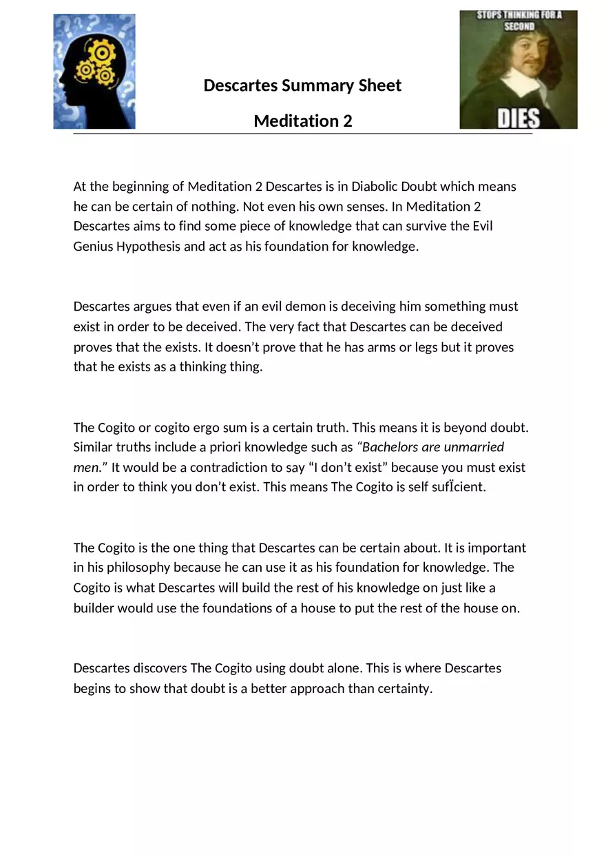 Descartes Summary Sheet - Meditation 2 - Page 1