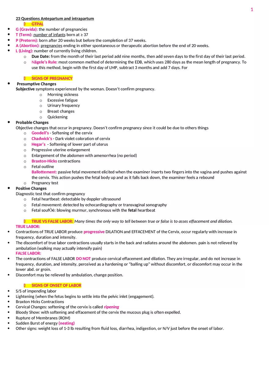 23 Questions Antepartum and Intrapartum - Page 1