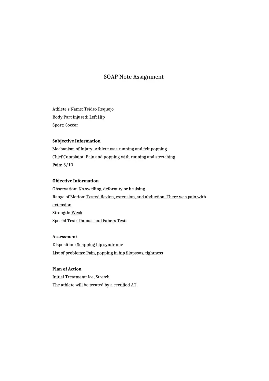 SOAP Note Assignment - Left Hip - Page 1