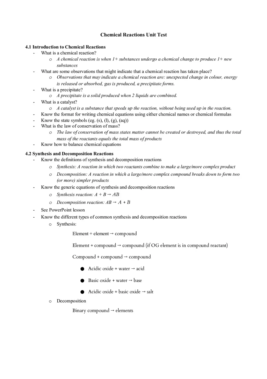 Test 2 Review Chemical Reactions - Page 1