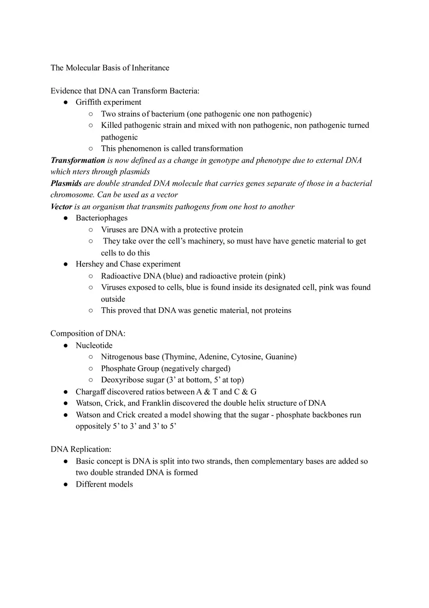 The Molecular Basis of Inheritance Study Guide - Page 1