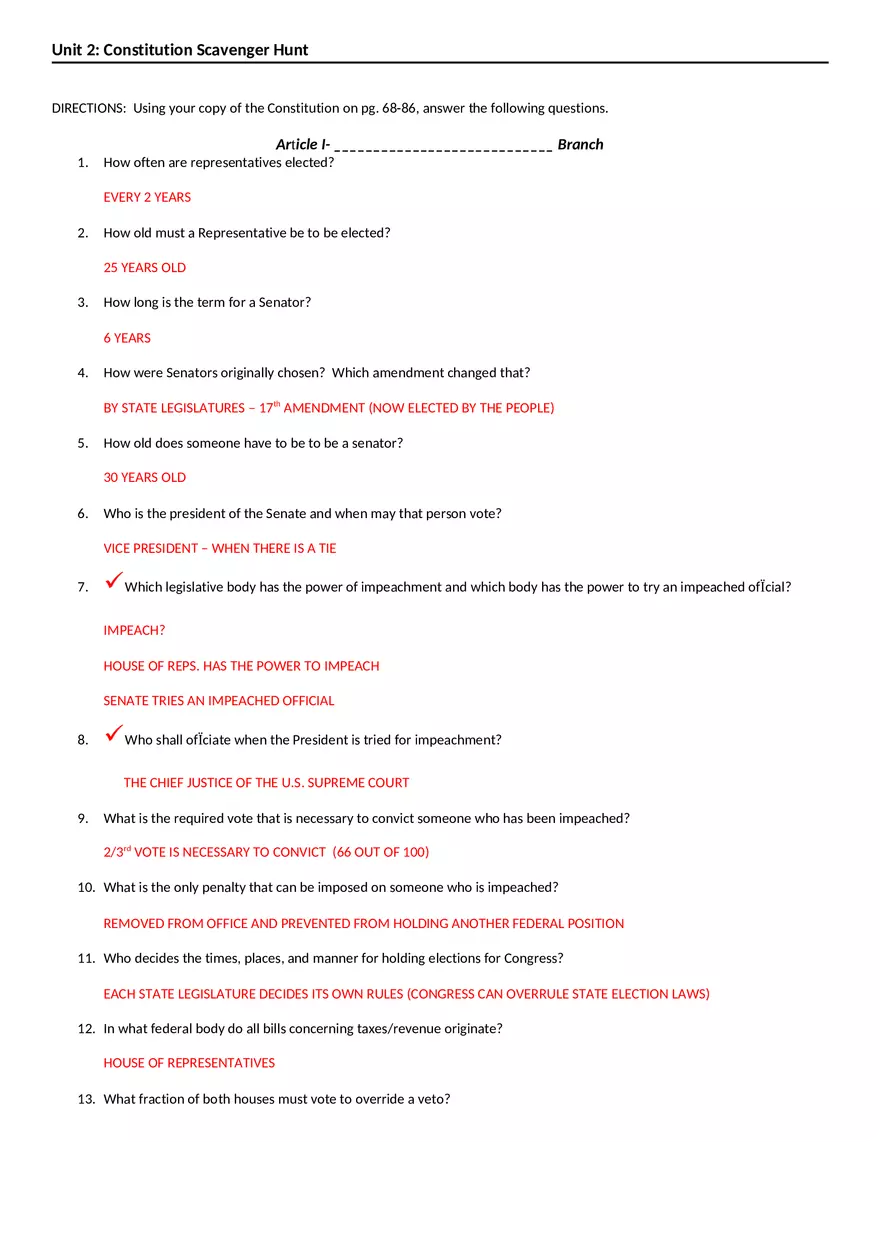 Constitution Scavenger Hunt Answer Key - Page 1