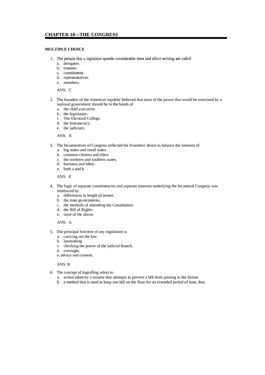 Chapter 10 The Congress - Political Science - Page 1