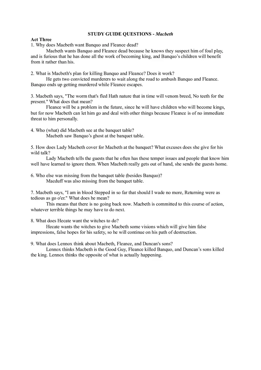 Macbeth Act 3 Questions - Page 1