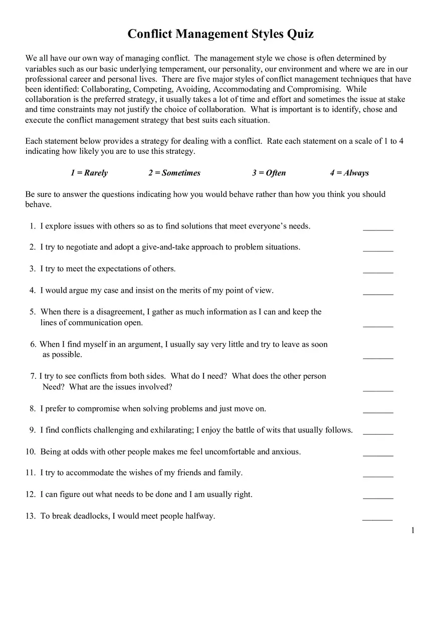 Conflict Management Styles Quiz - Page 1
