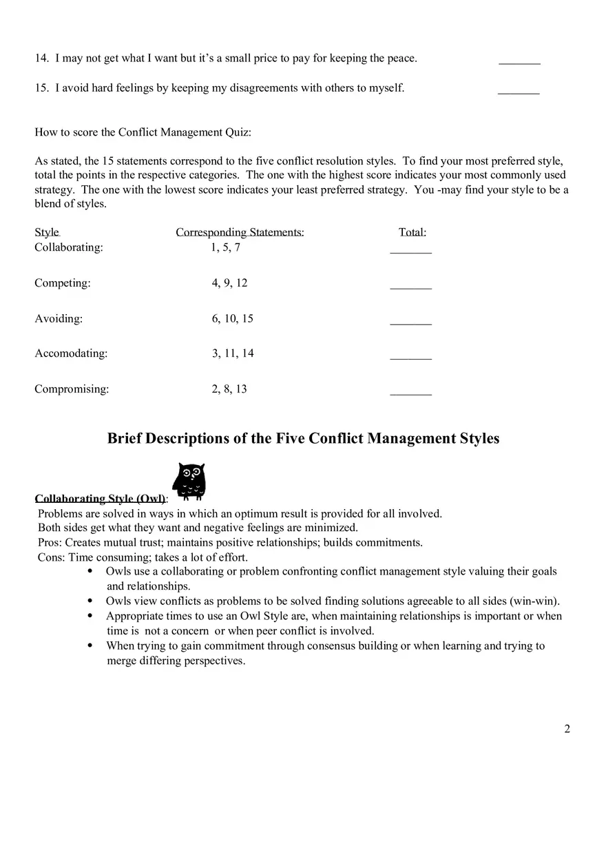 Conflict Management Styles Quiz - Page 2