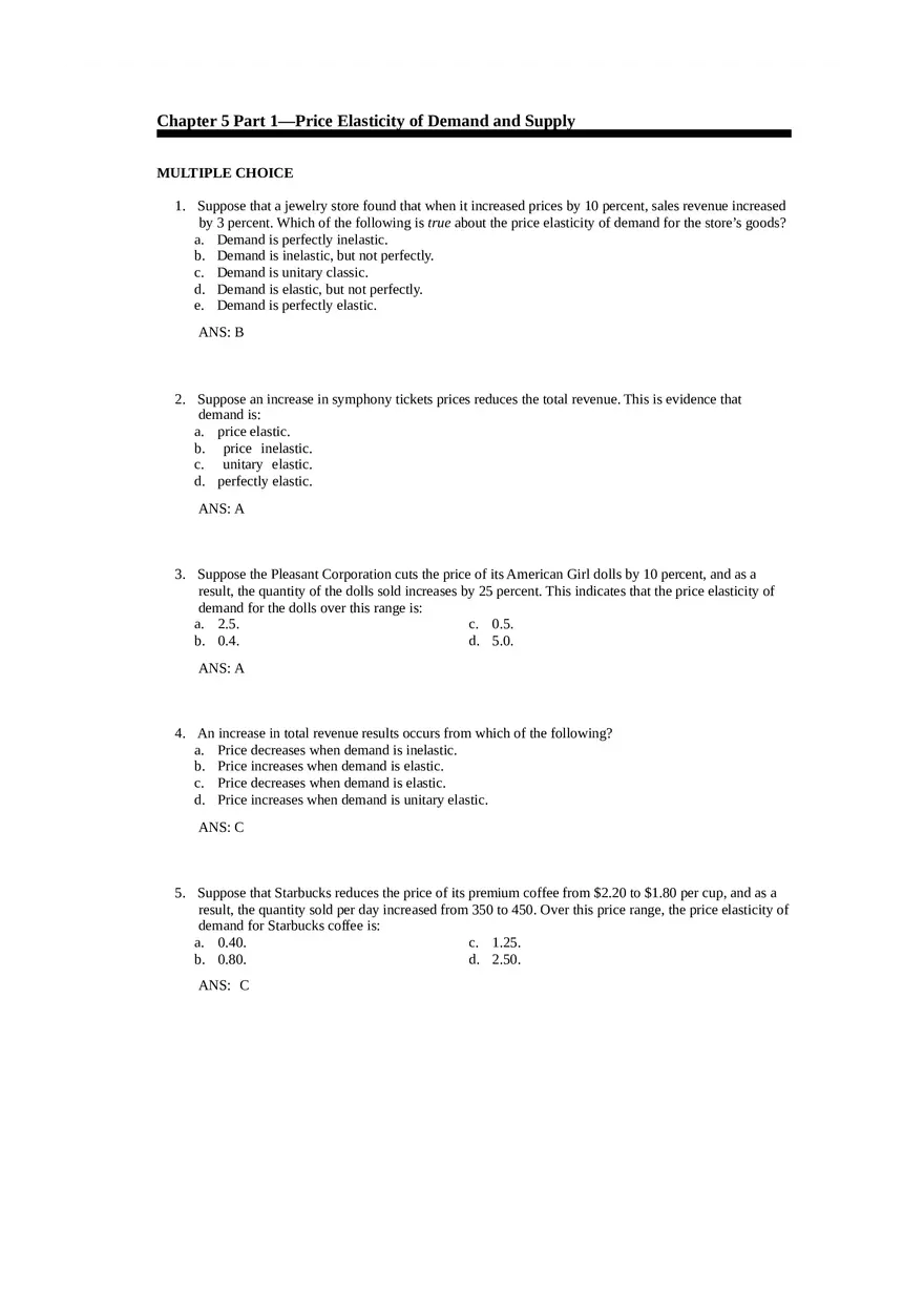 Price Elasticity of Demand and Supply Answer Key Part 1 - Page 1