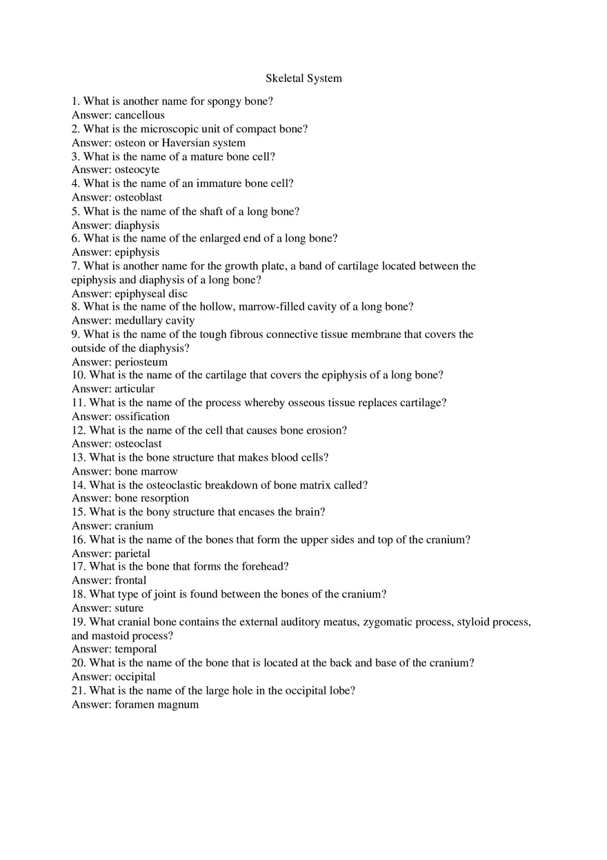 Skeletal System Study Guide - Page 1