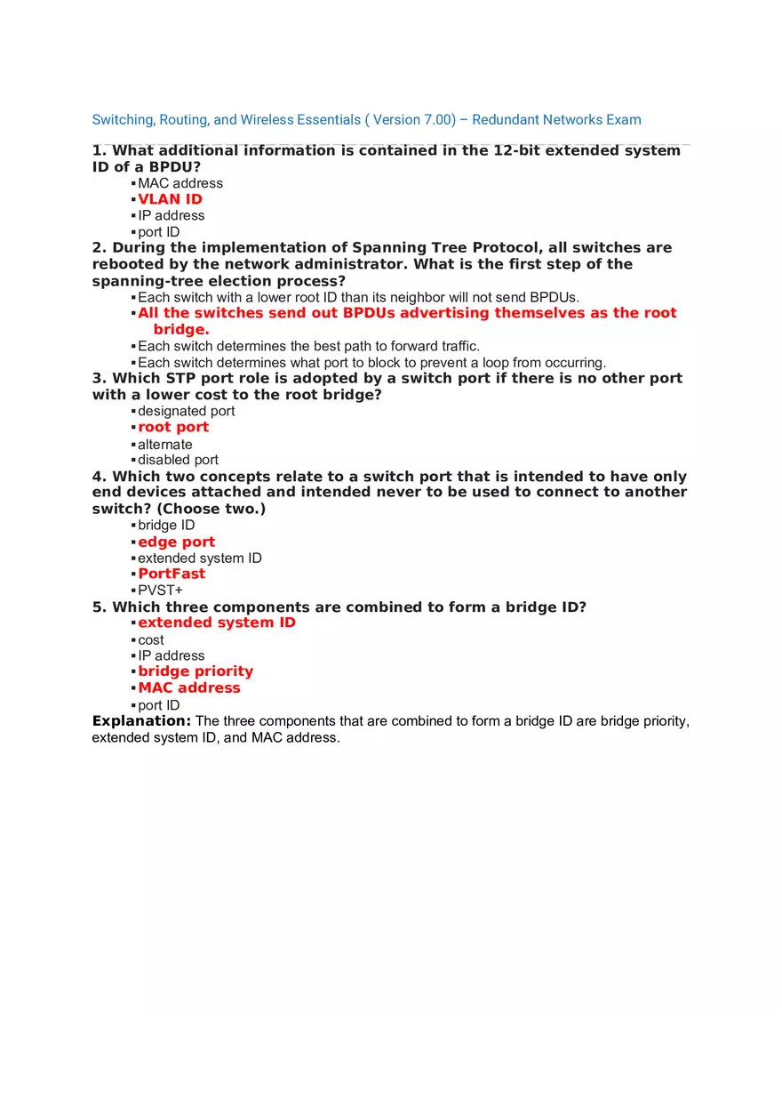 Redundant Networks Exam Answers - Page 1