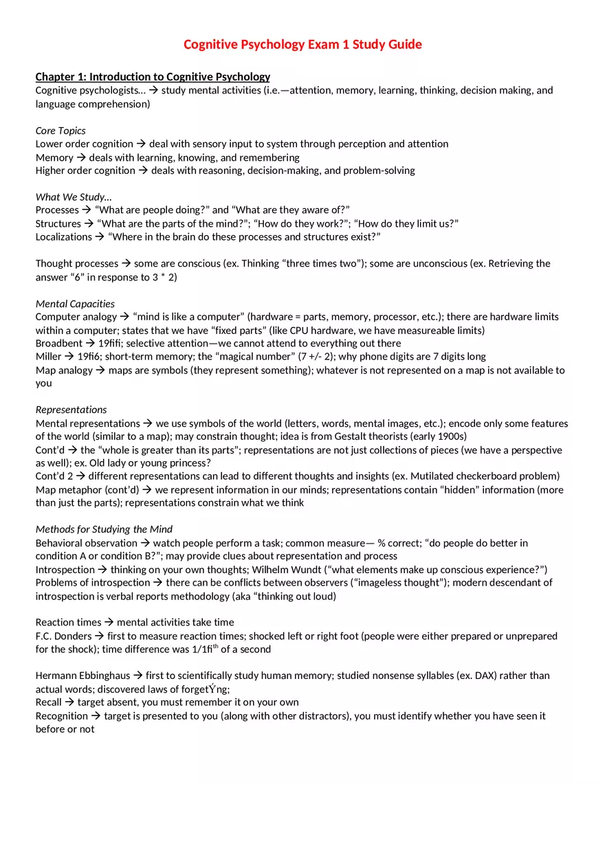 Cognitive Psychology Exam 1 Study Guide - Page 1
