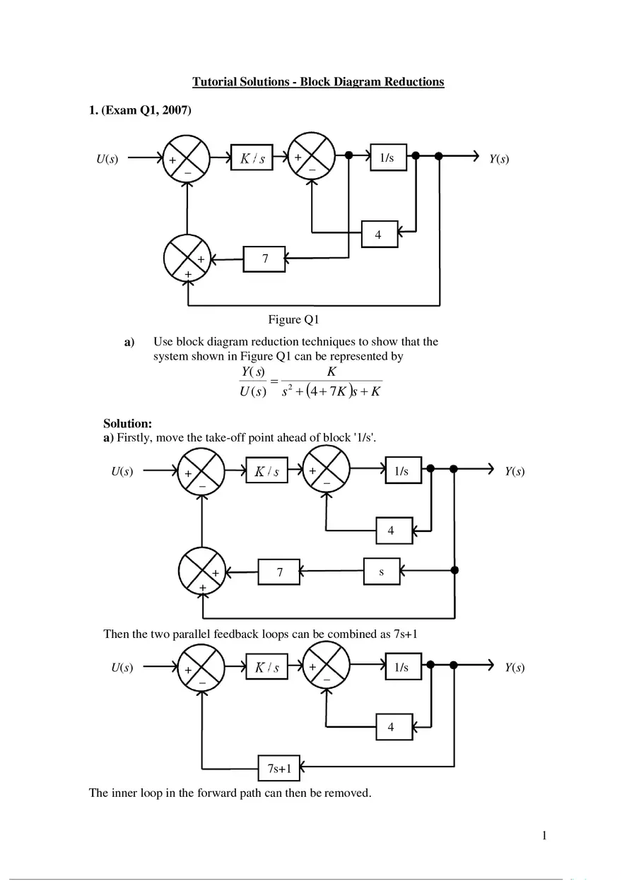 Block Diagram Reduction - Solutions - Page 1