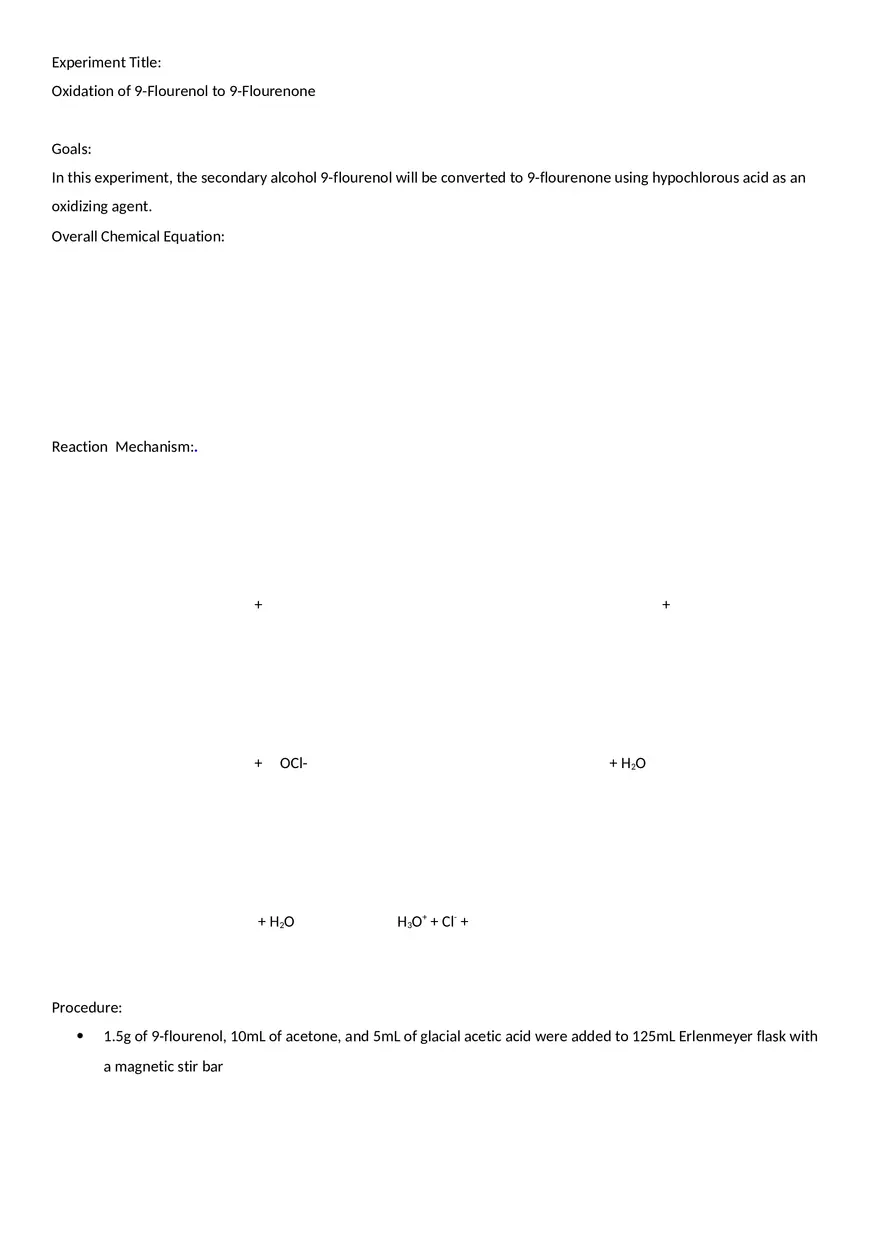 Lab Report - Oxidation of 9-fluorenol to 9-Fluorenone - Page 1